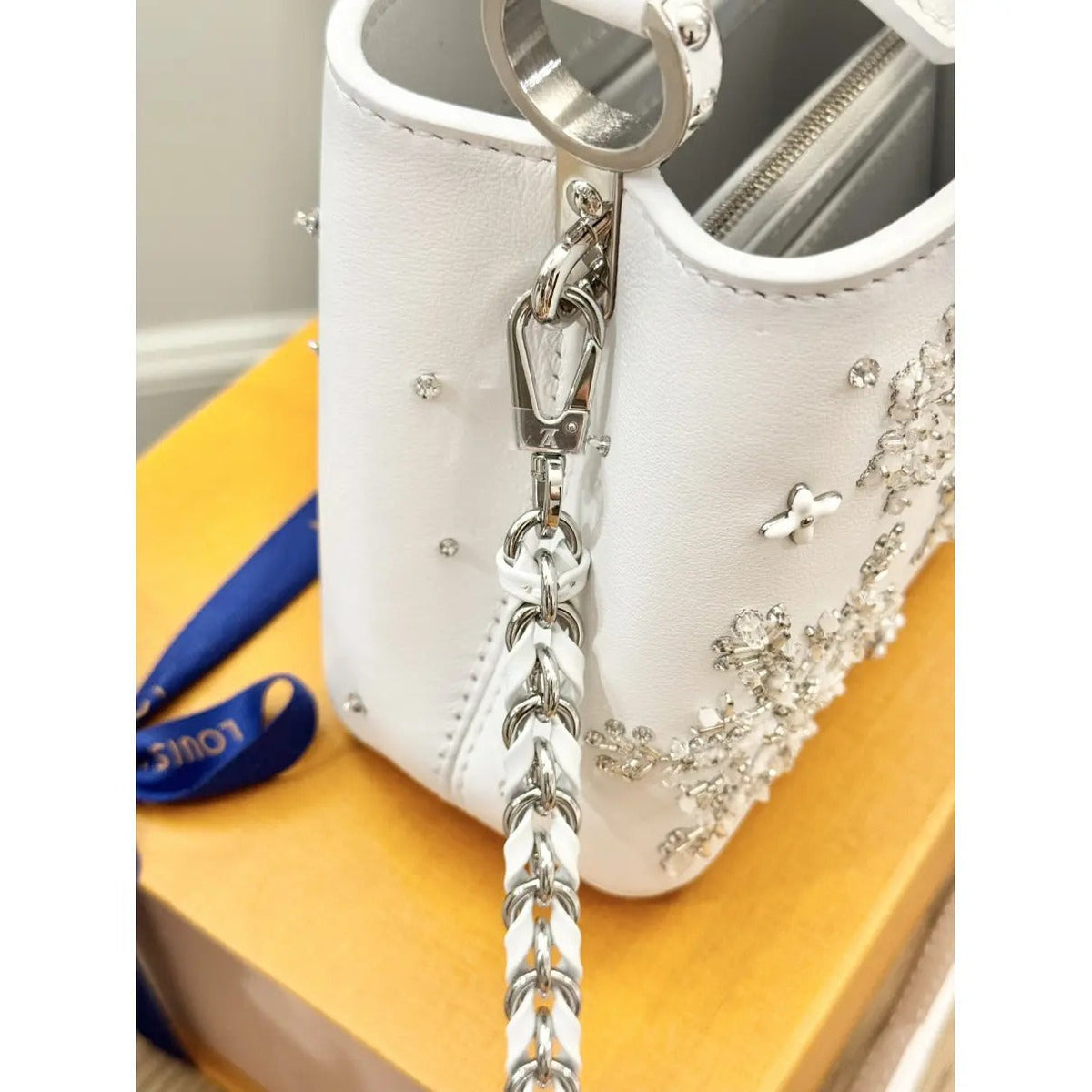 Mini Top Handle Bag in White with Crystal Snowflake Details, image 7