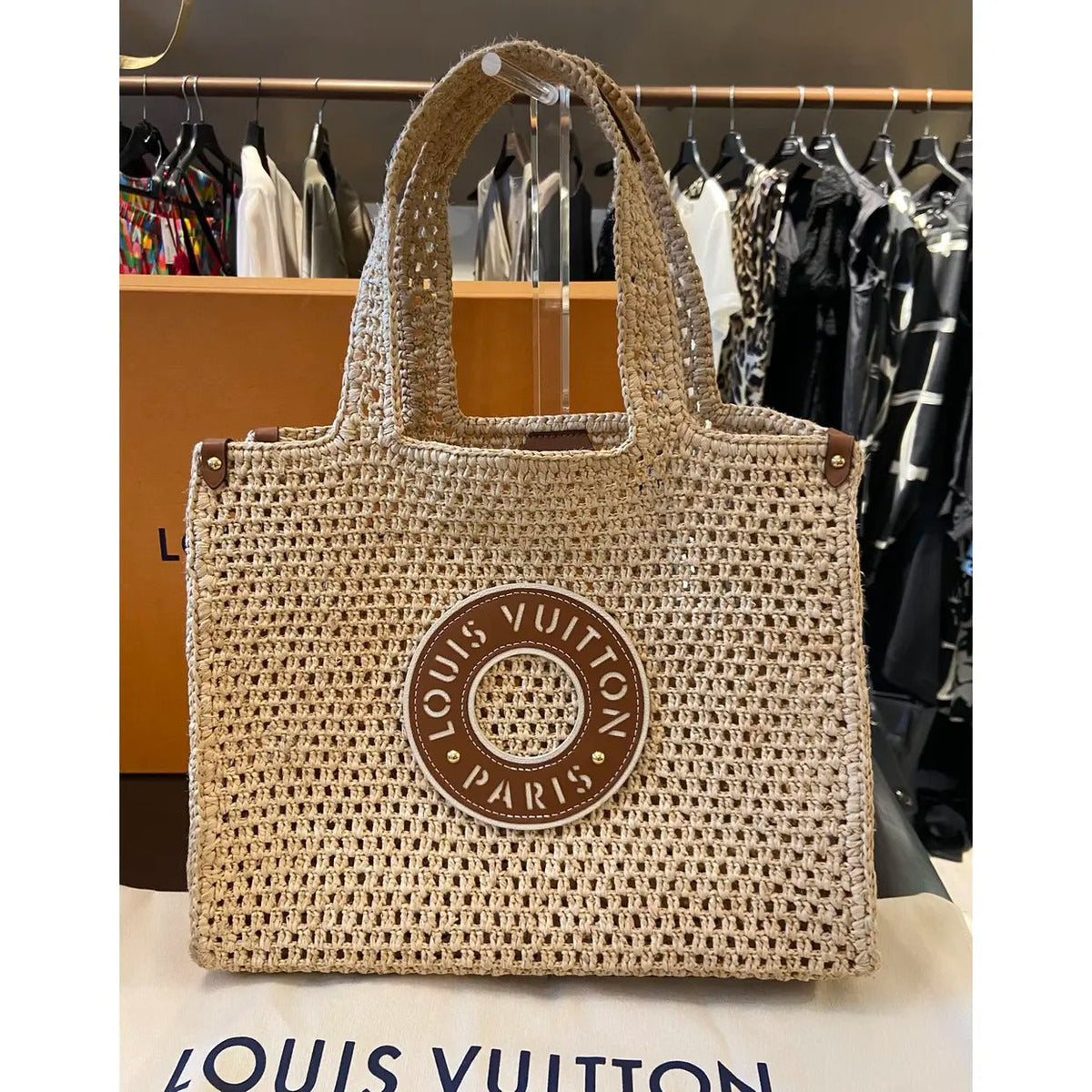 Open-Weave Raffia Tote Bag with Round Brown Patch, image 6
