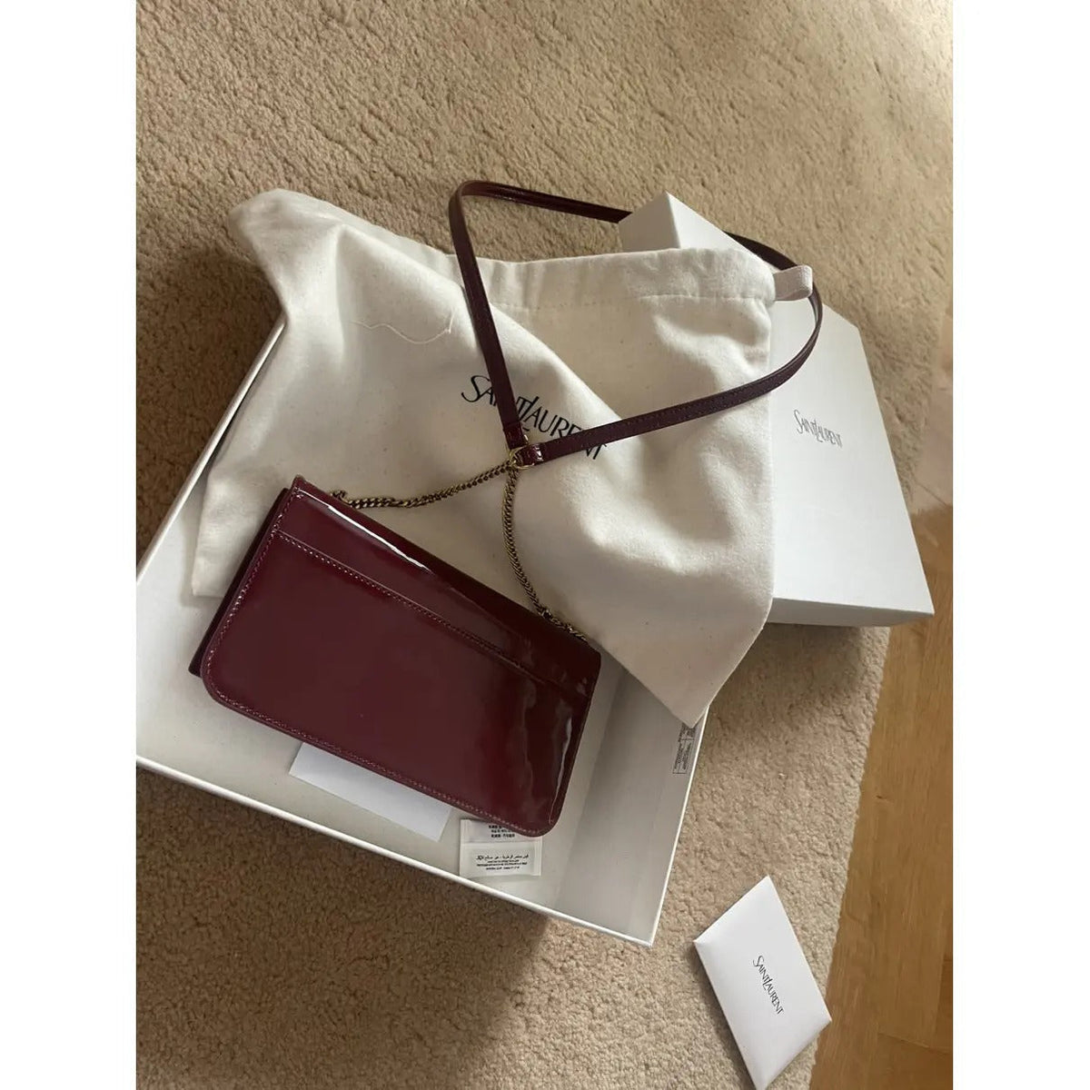 Crossbody Bag in Burgundy Patent Leather with Gold Chain, image 6