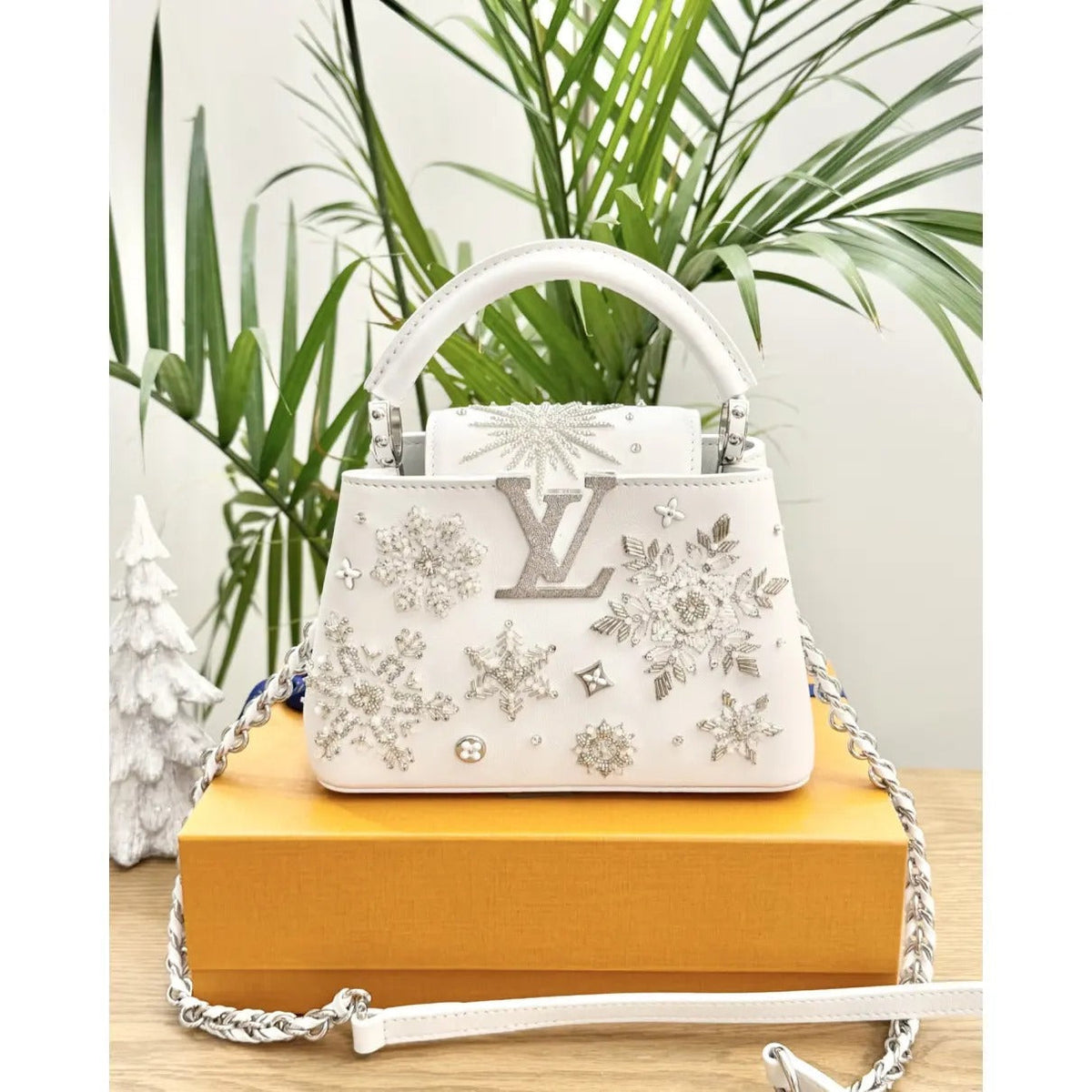 Mini Top Handle Bag in White with Crystal Snowflake Details, image 4
