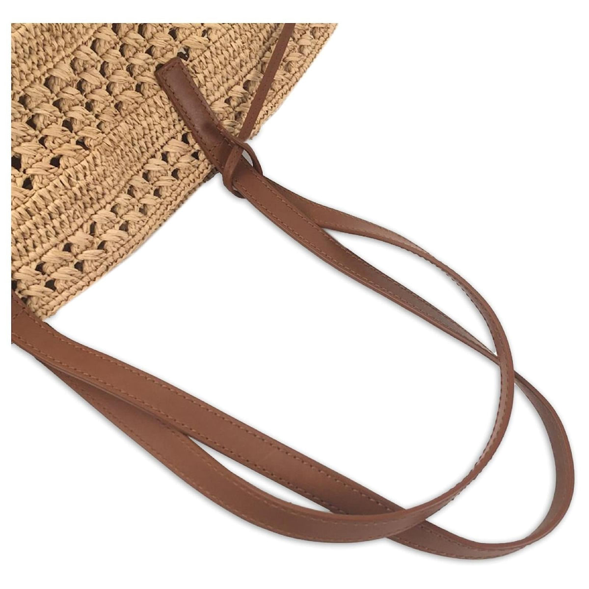 Basket Tote Bag in Natural Crocheted Raffia with Tan Straps, image 3