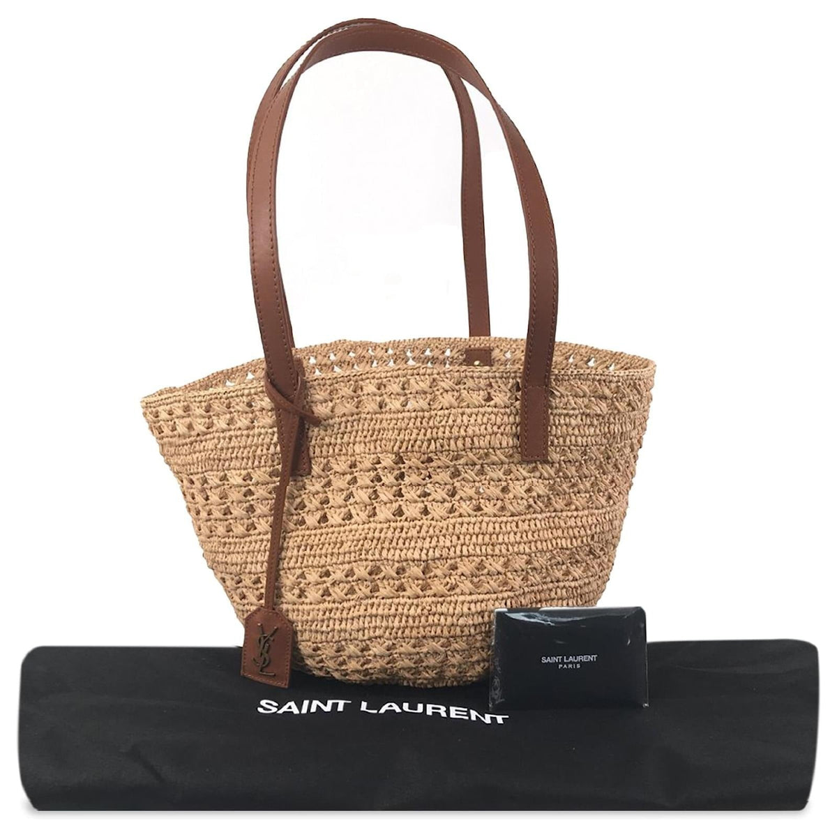 Basket Tote Bag in Natural Crocheted Raffia with Tan Straps, image 4
