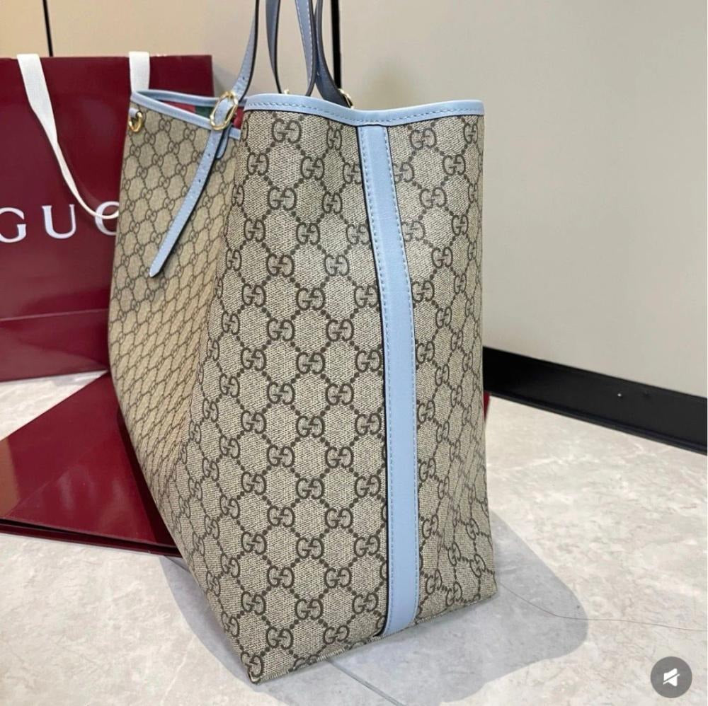 Large Tote Bag in Beige Coated Canvas with Pale Blue Trim, image 8