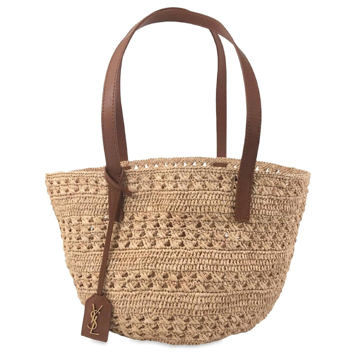 Basket Tote Bag in Natural Crocheted Raffia with Tan Straps, image 6