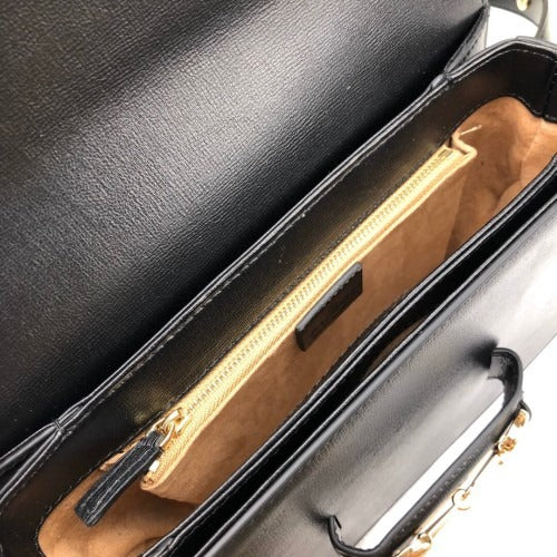 Flap Shoulder Bag in Black Smooth Leather with Gold Bar Clasp, image 9