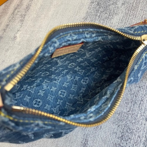 Gathered Hobo Bag in Blue Washed Denim with Gold Zip, image 13