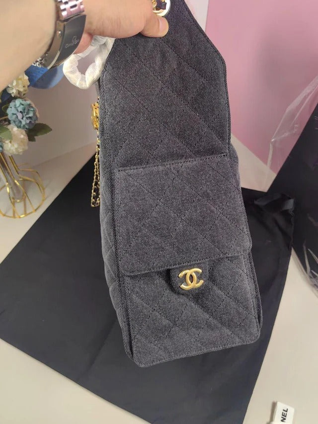 Bucket Bag in Grey Quilted Canvas with Gold Chain Handle, image 6