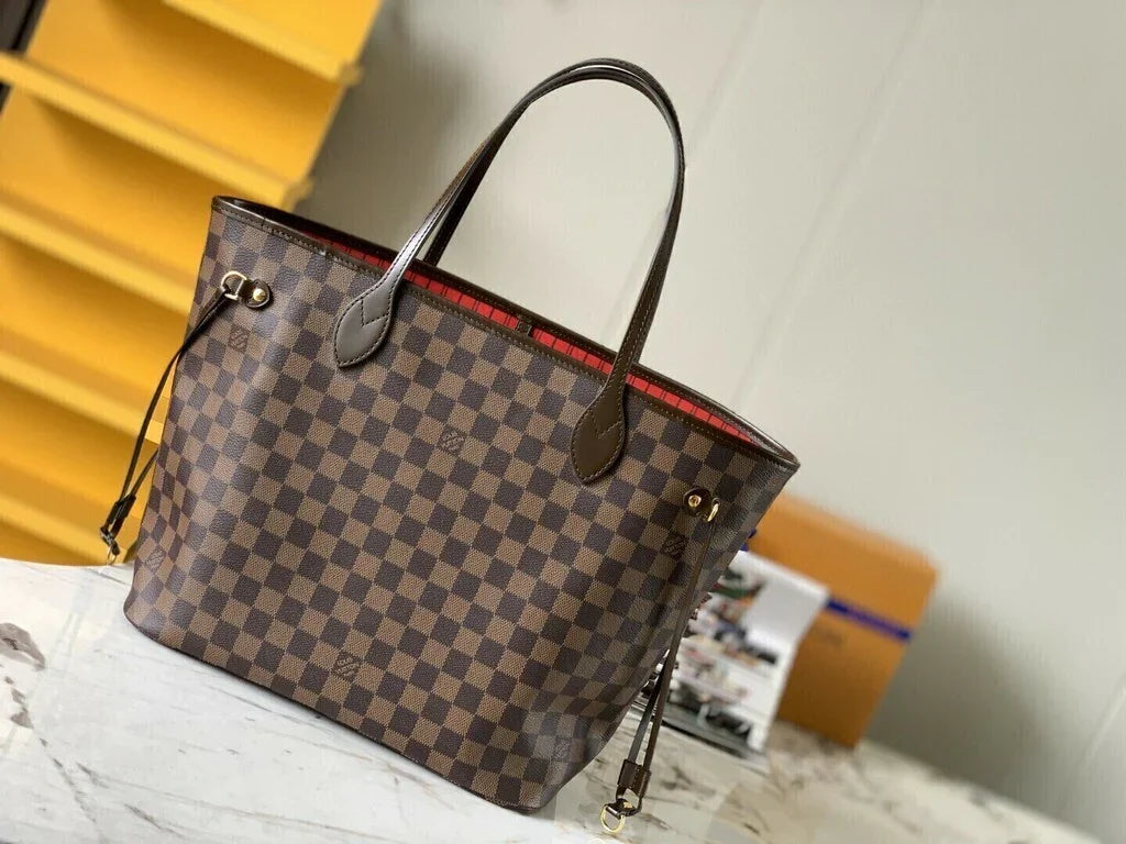 Large Tote Bag in Brown Checkered Canvas with Red Lining