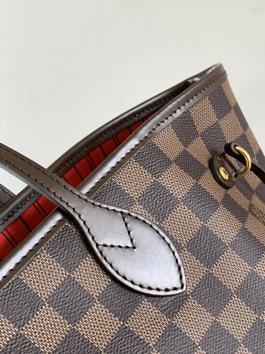 Large Tote Bag in Brown Checkered Canvas with Red Lining, image 3