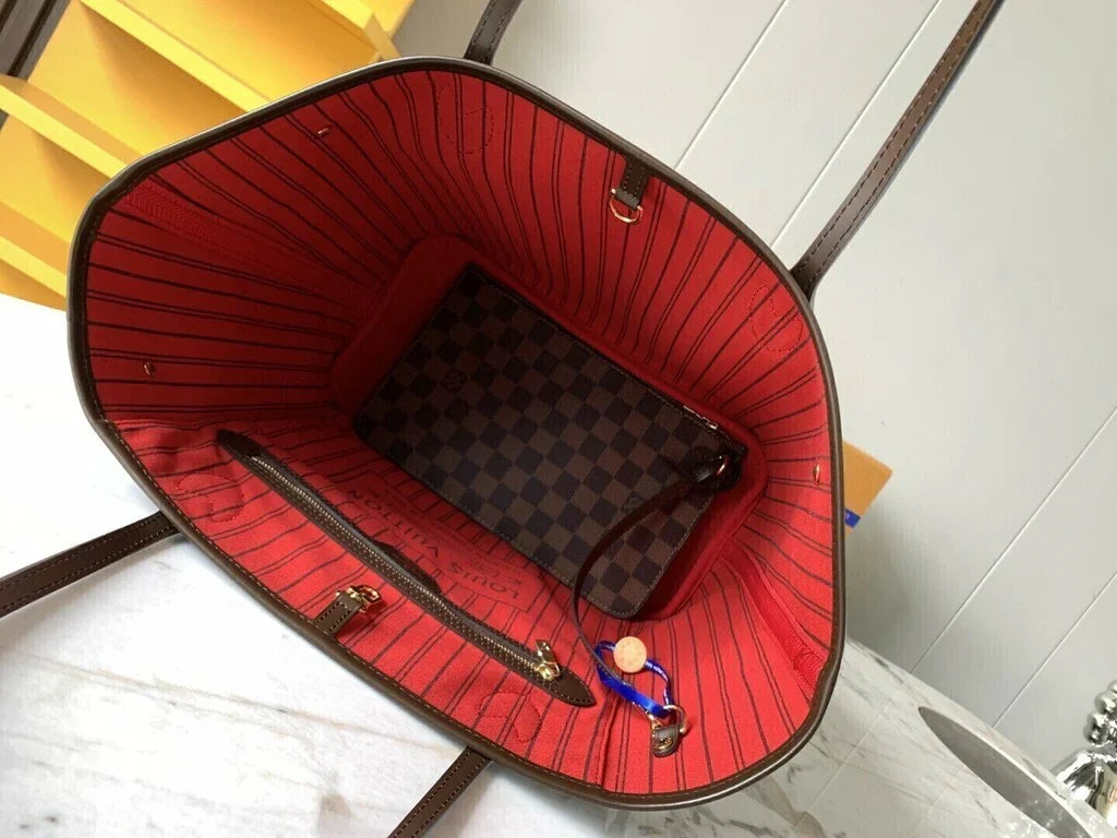 Large Tote Bag in Brown Checkered Canvas with Red Lining, image 7