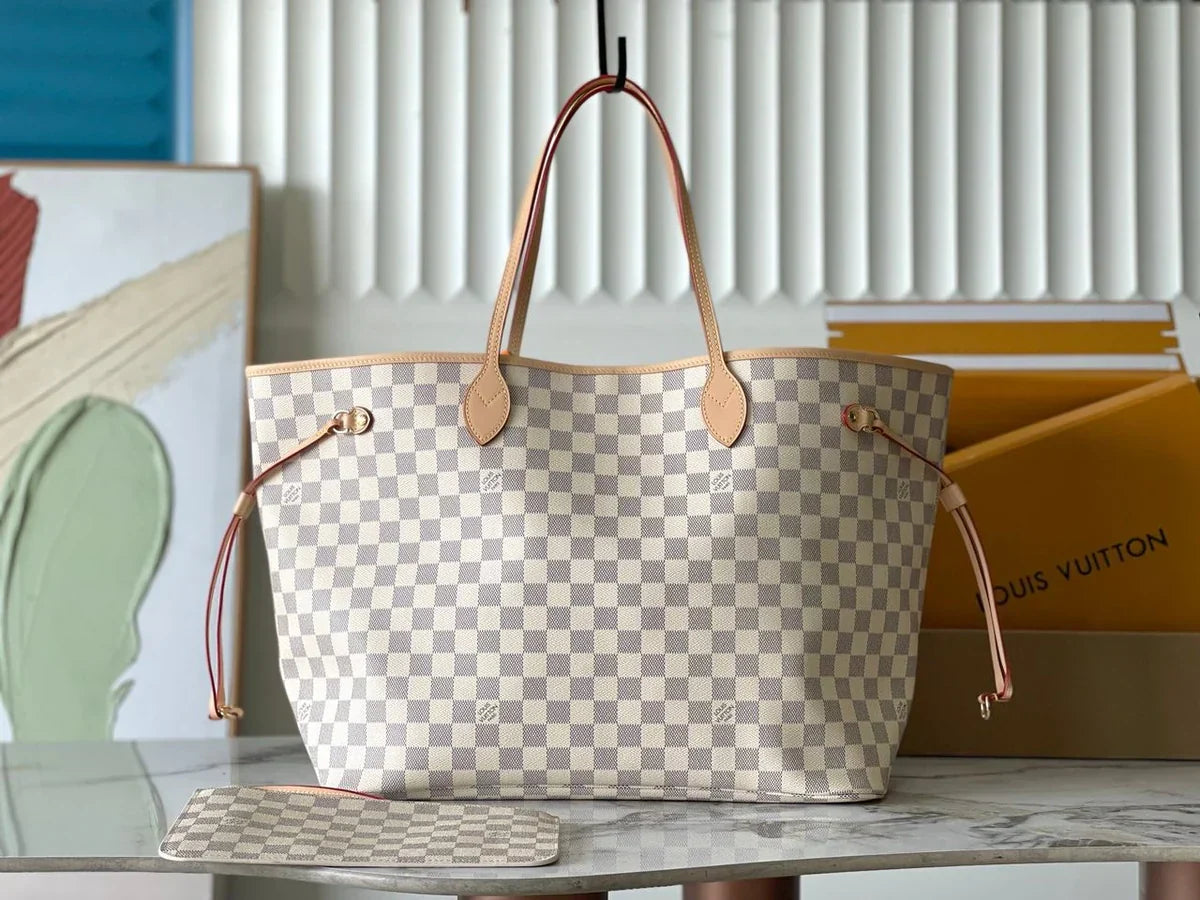 Large Open Tote in Cream Checkered Canvas with Tan Trim