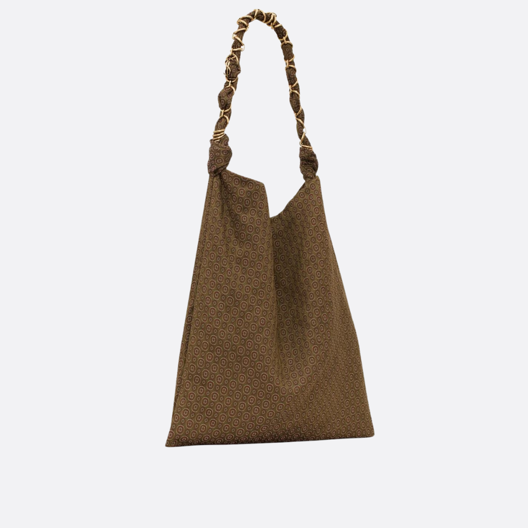 Hobo Bag in Brown Jacquard with Knotted Strap, image 3
