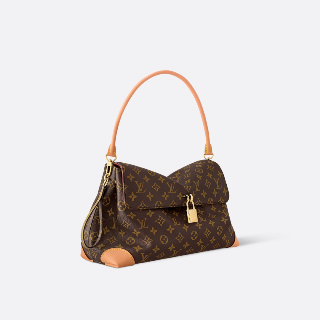 Shoulder Bag in Brown Printed Canvas with Gold Padlock, image 3