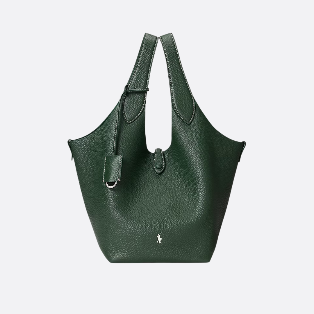 Small Bucket Tote Bag in Grained Leather with Tab Closure