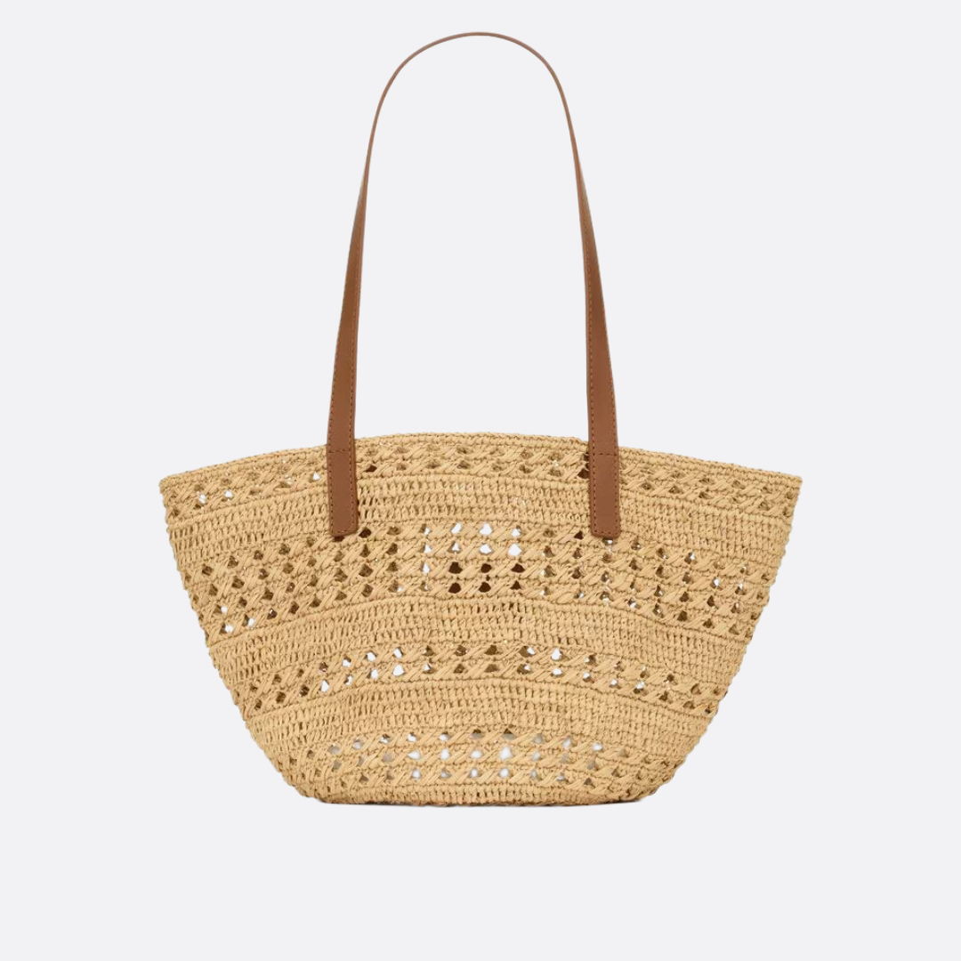 Basket Tote Bag in Natural Crocheted Raffia with Tan Straps, image 10