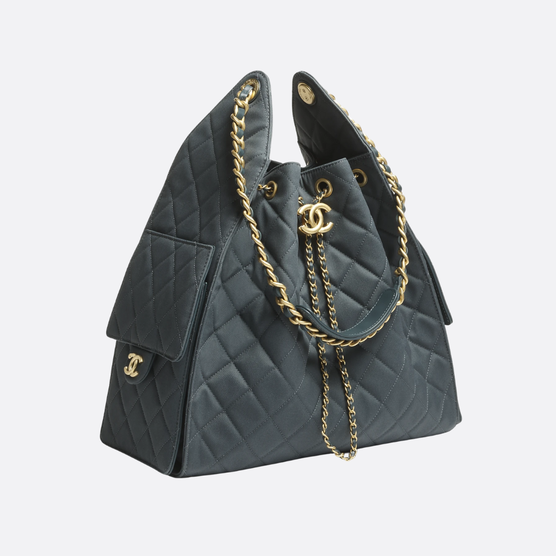 Bucket Bag in Grey Quilted Canvas with Gold Chain Handle, image 7