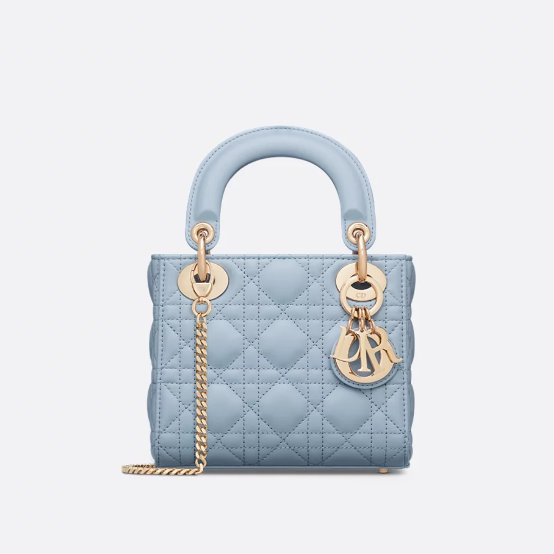 Mini Top Handle Bag in Light Blue Quilted Leather with Chain