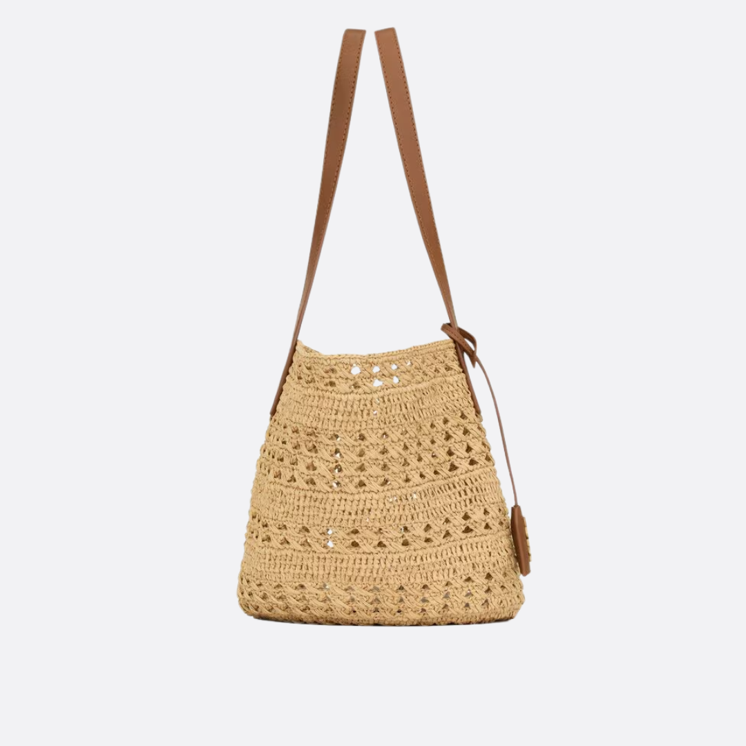 Basket Tote Bag in Natural Crocheted Raffia with Tan Straps, image 11