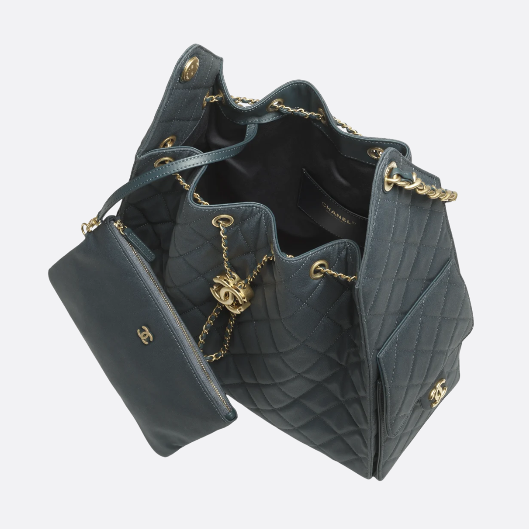 Bucket Bag in Grey Quilted Canvas with Gold Chain Handle, image 8