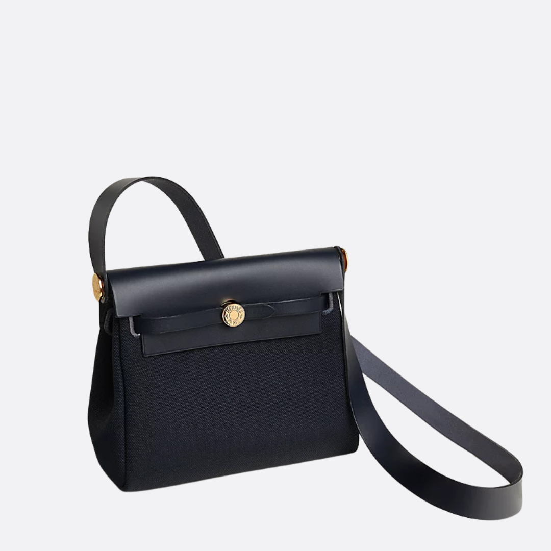 Flap Crossbody Bag in Navy Canvas with Gold Turn Stud, image 2
