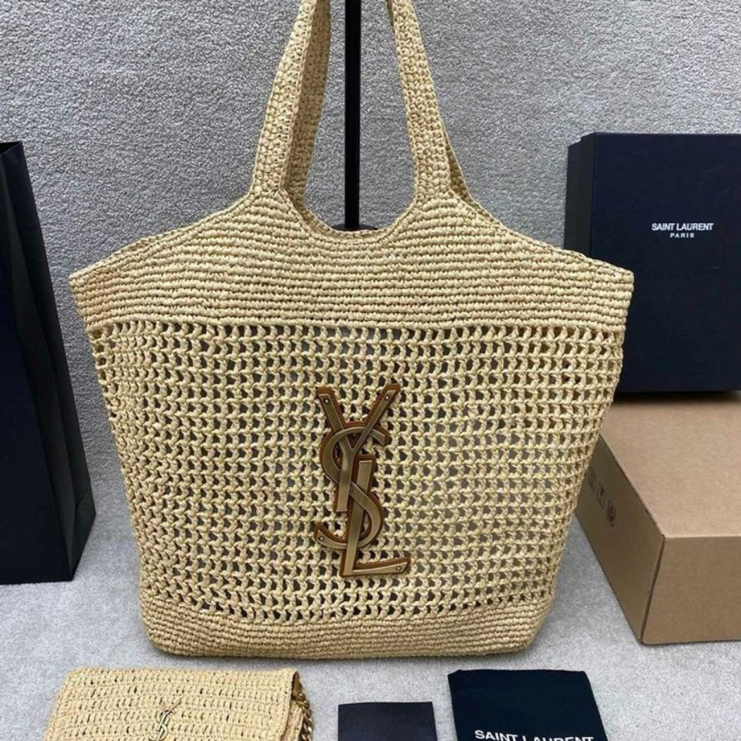 Woven Raffia Hobo Tote Bag with Open-Weave Panel, image 4