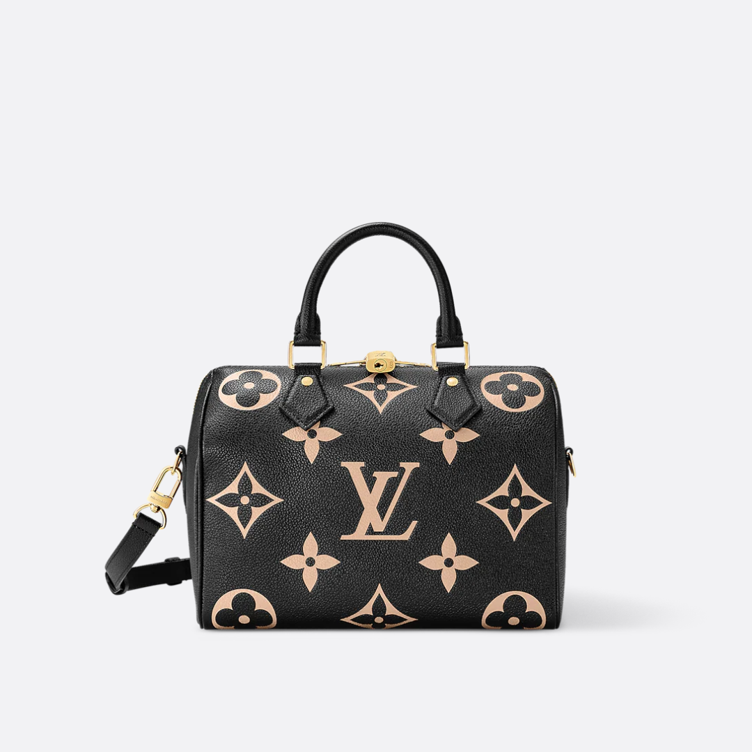 Top Handle Bag in Black Grained Leather with Beige Floral Print