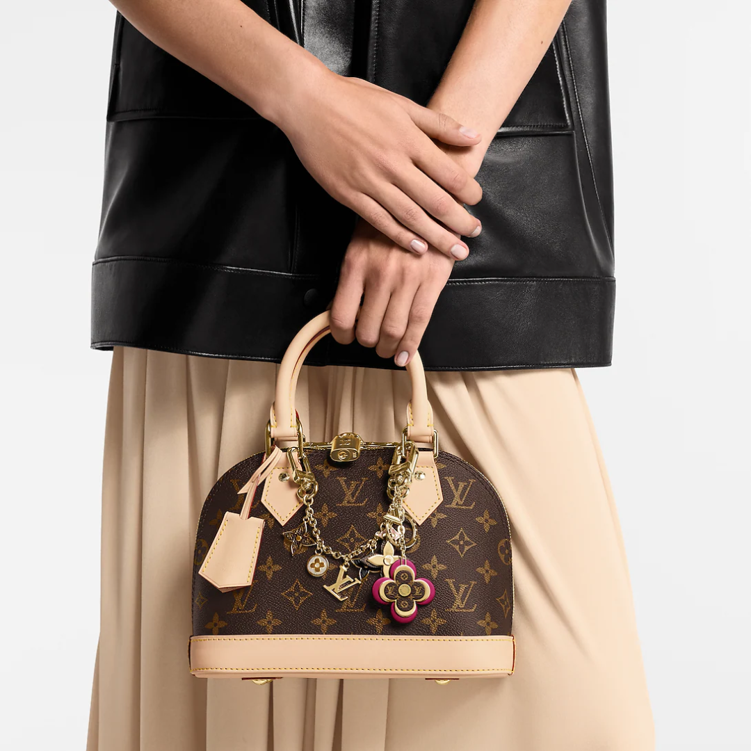 Dome Top Handle Bag in Brown Printed Canvas with Strap, image 3