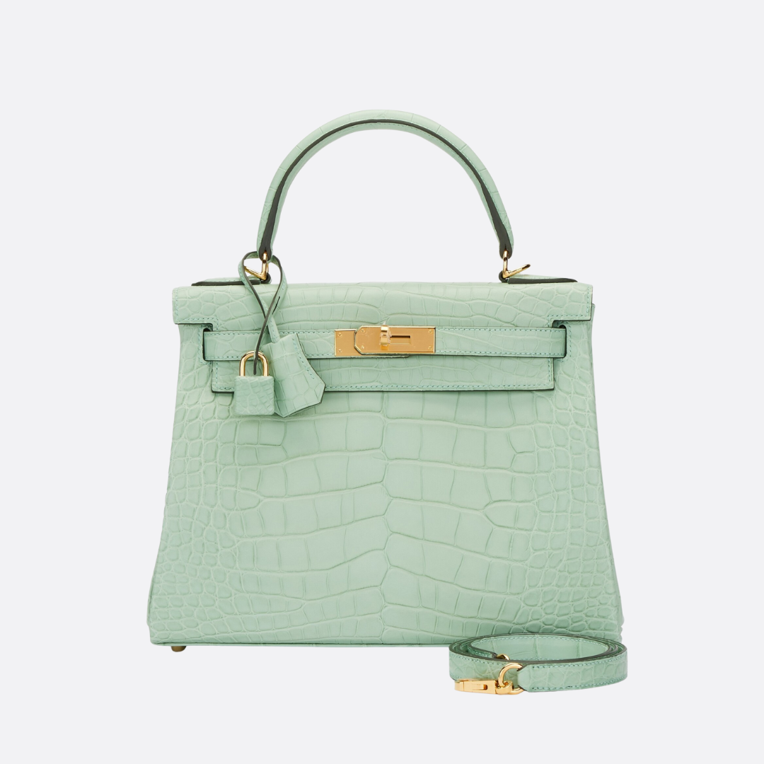 HMÈ Kelly 28 – Matte Alligator Leather Vert D’eau (reversed Stitches)