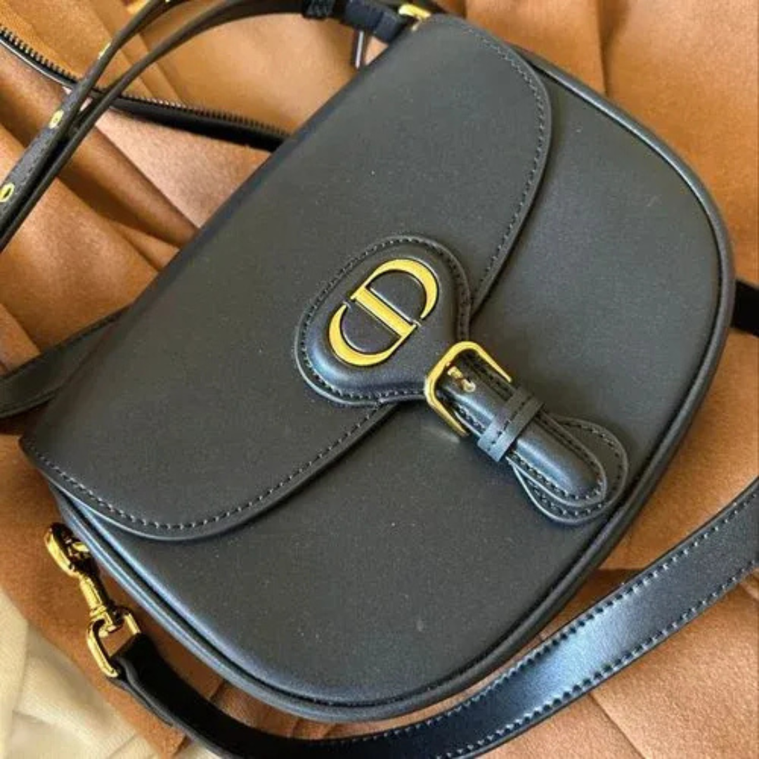 Flap Shoulder Bag in Black Smooth Leather with Purple Strap, image 3