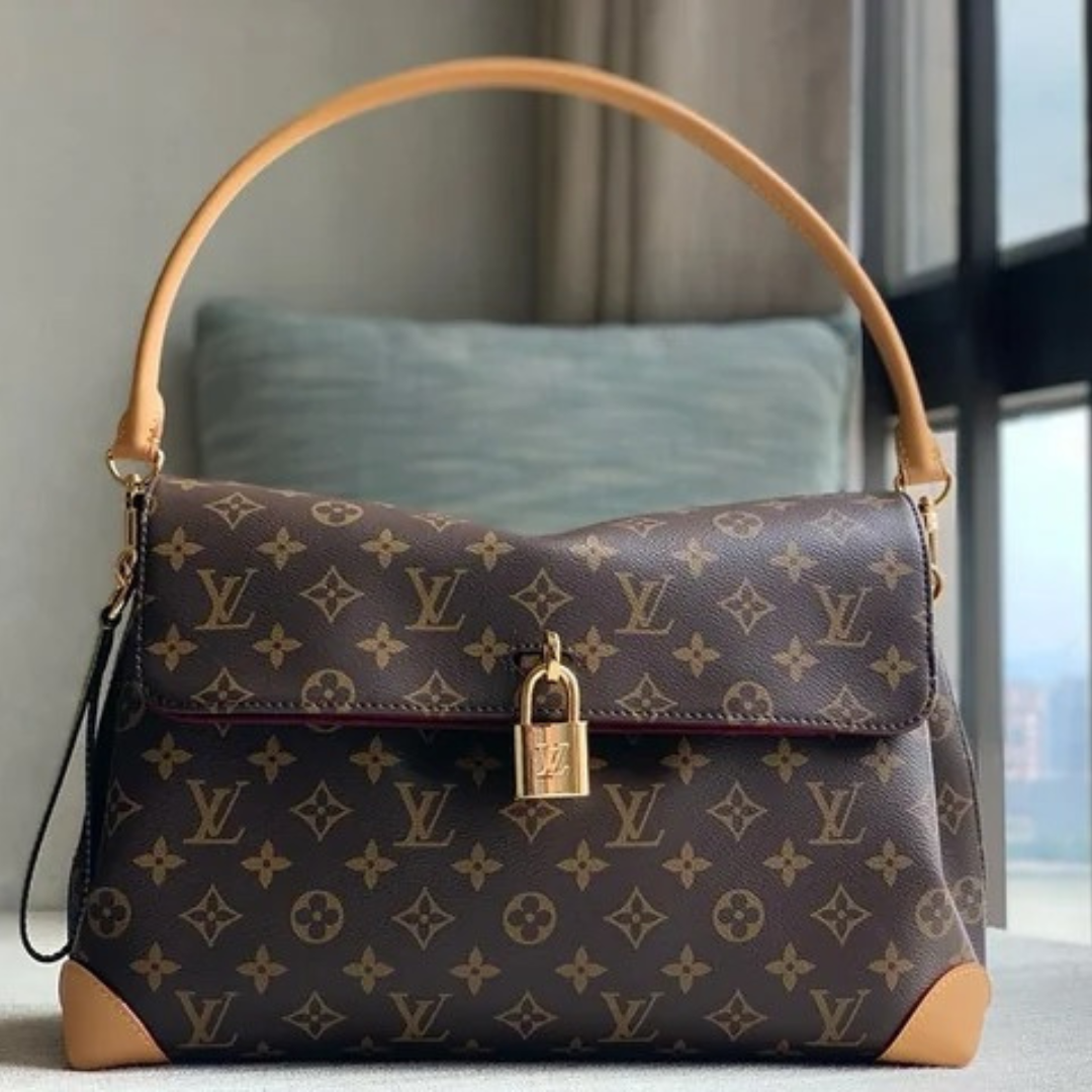 Shoulder Bag in Brown Printed Canvas with Gold Padlock, image 7