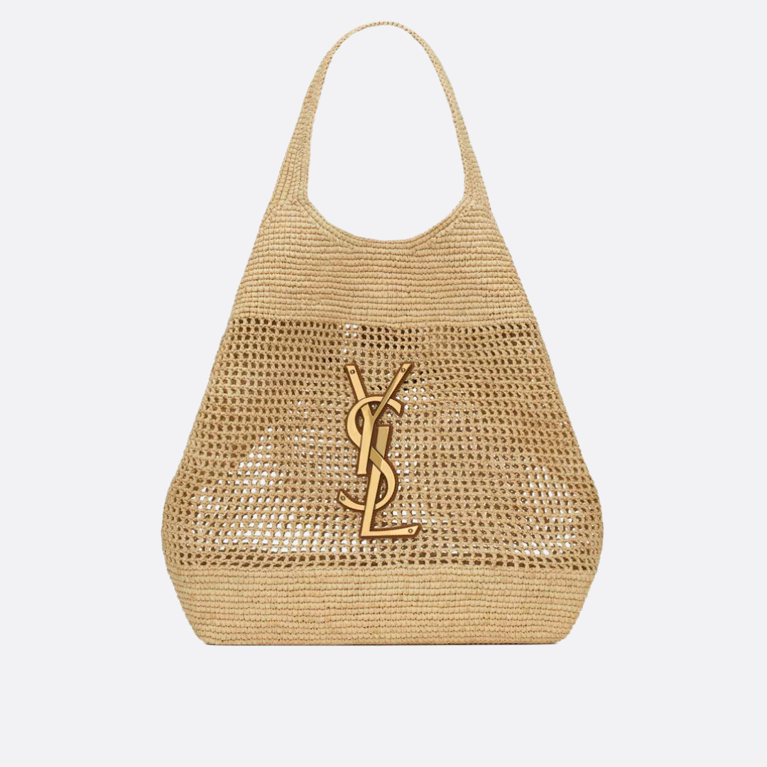 Woven Raffia Hobo Tote Bag with Open-Weave Panel