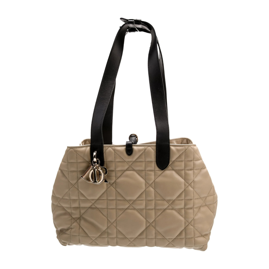 Small Tote Bag in Beige Quilted Leather with Black Handles, image 3