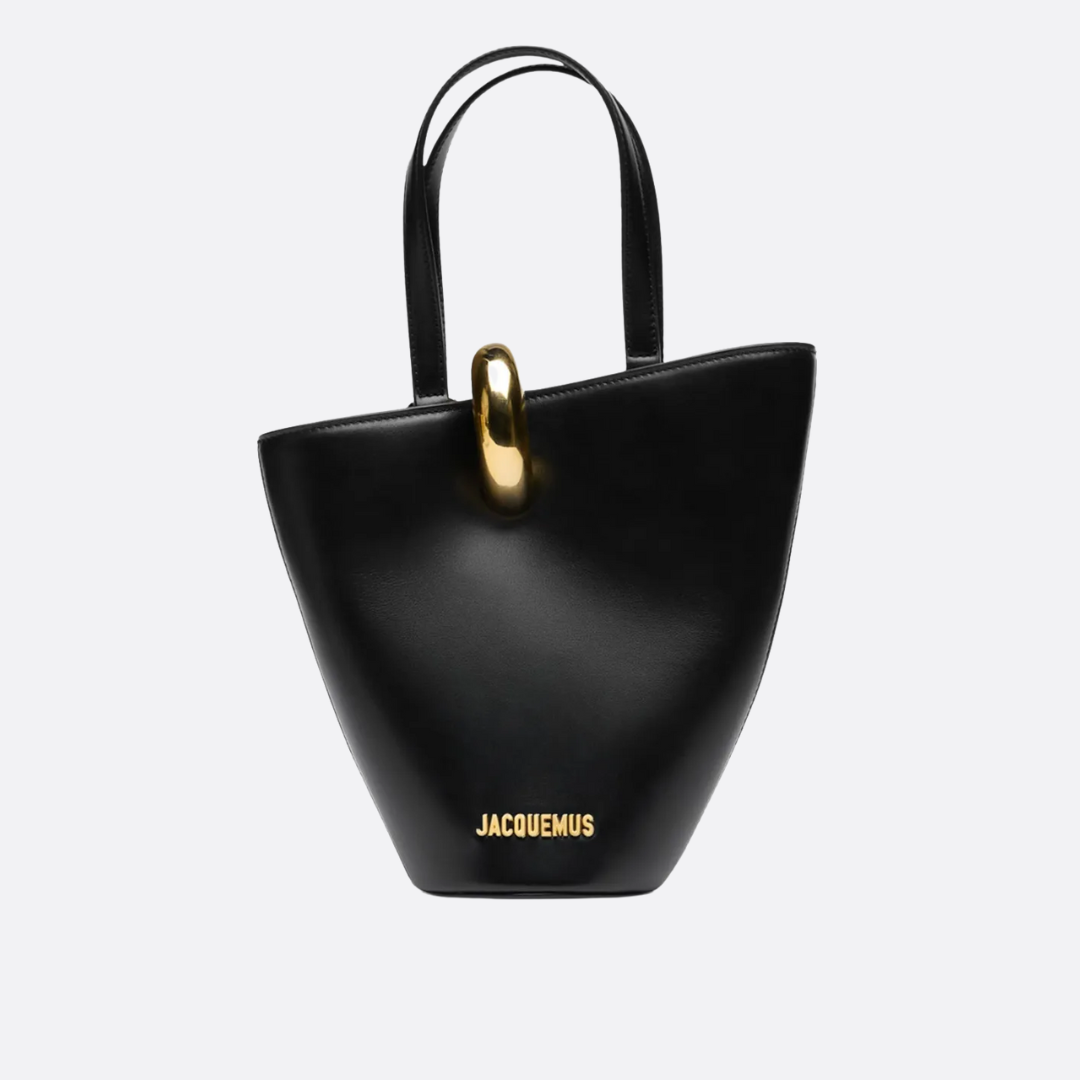 Bucket Tote Bag in Black Smooth Leather with Sculptural Ring