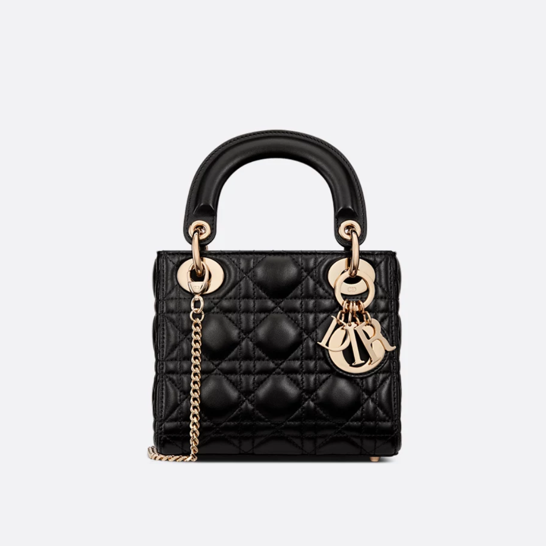 Mini Top Handle Bag in Black Quilted Lambskin with Gold Charms