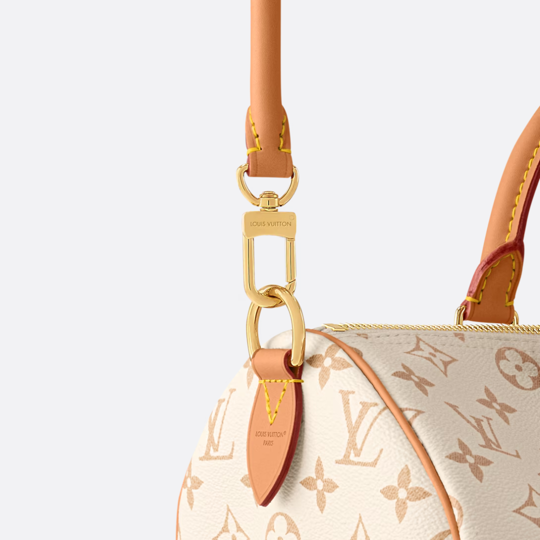 Top Handle Bag in Cream Printed Canvas with Pink Knot Charm, image 6