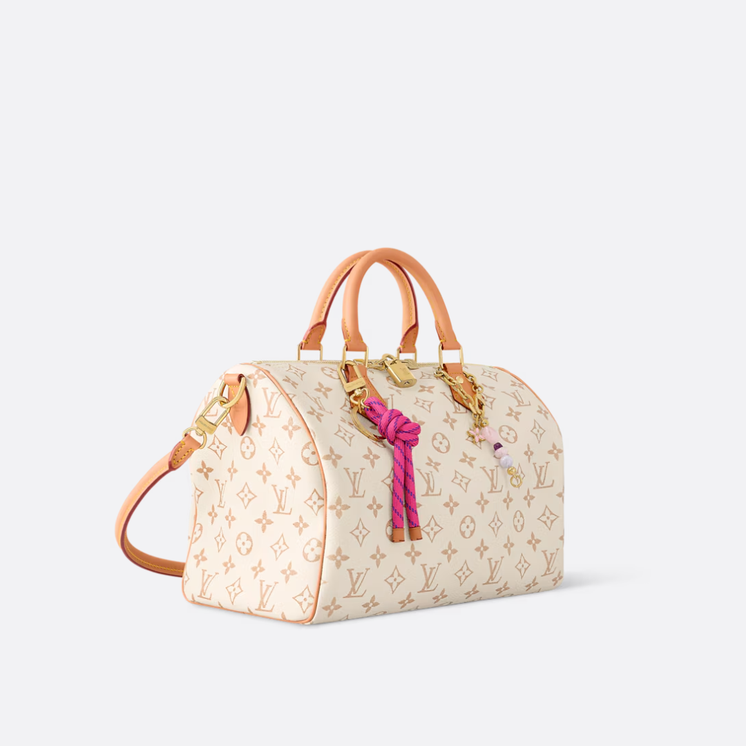 Top Handle Bag in Cream Printed Canvas with Pink Knot Charm, image 7
