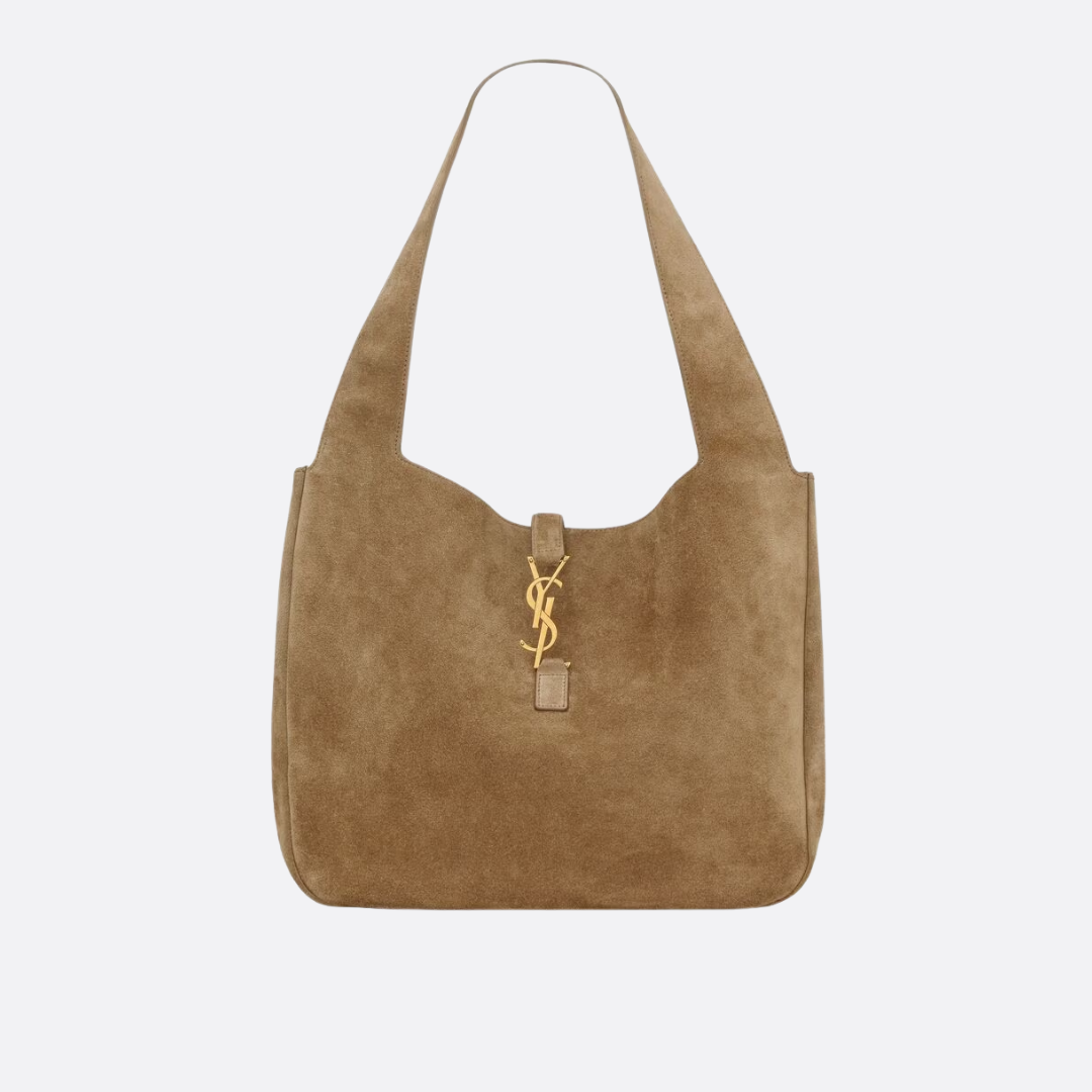 Shoulder Tote Bag in Tan Suede with Gold Closure, image 10