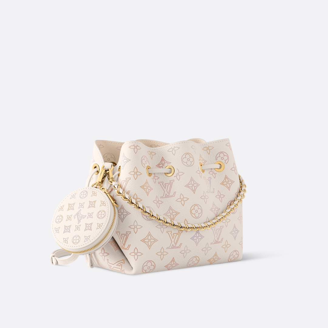 Bucket Bag in Cream Printed Leather with Chain and Round Pouch, image 7