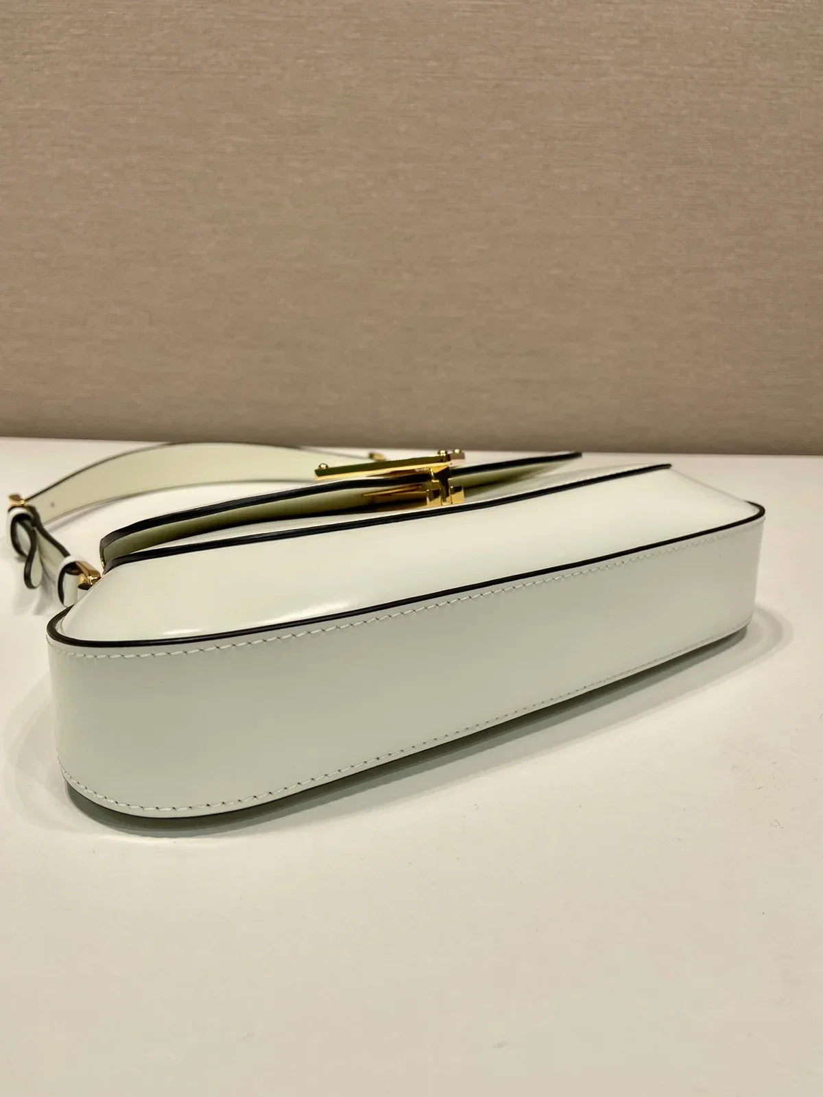 Curved Flap Shoulder Bag in White Leather with Black Edging, image 6