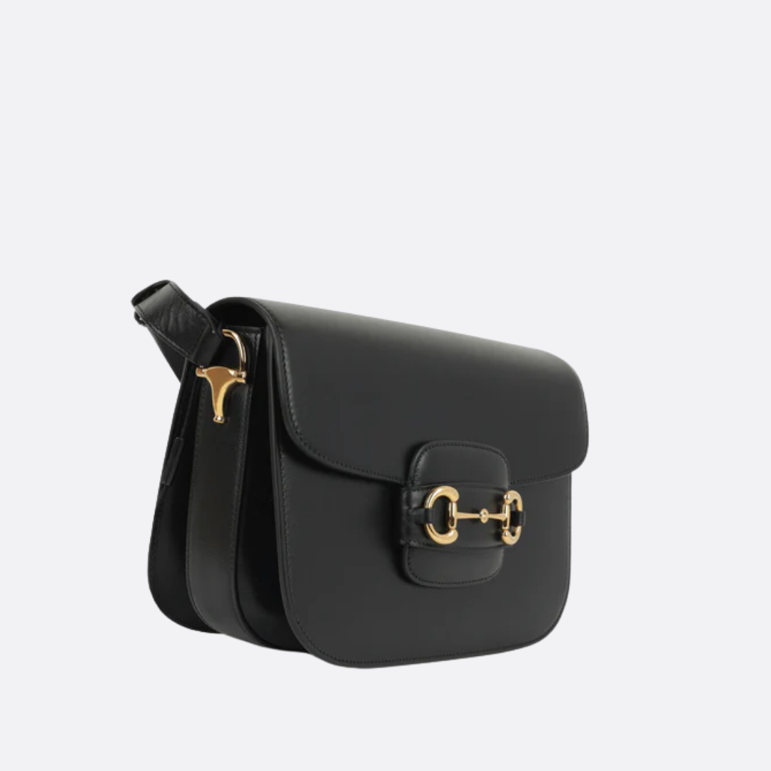 Flap Shoulder Bag in Black Smooth Leather with Gold Bar Clasp, image 11