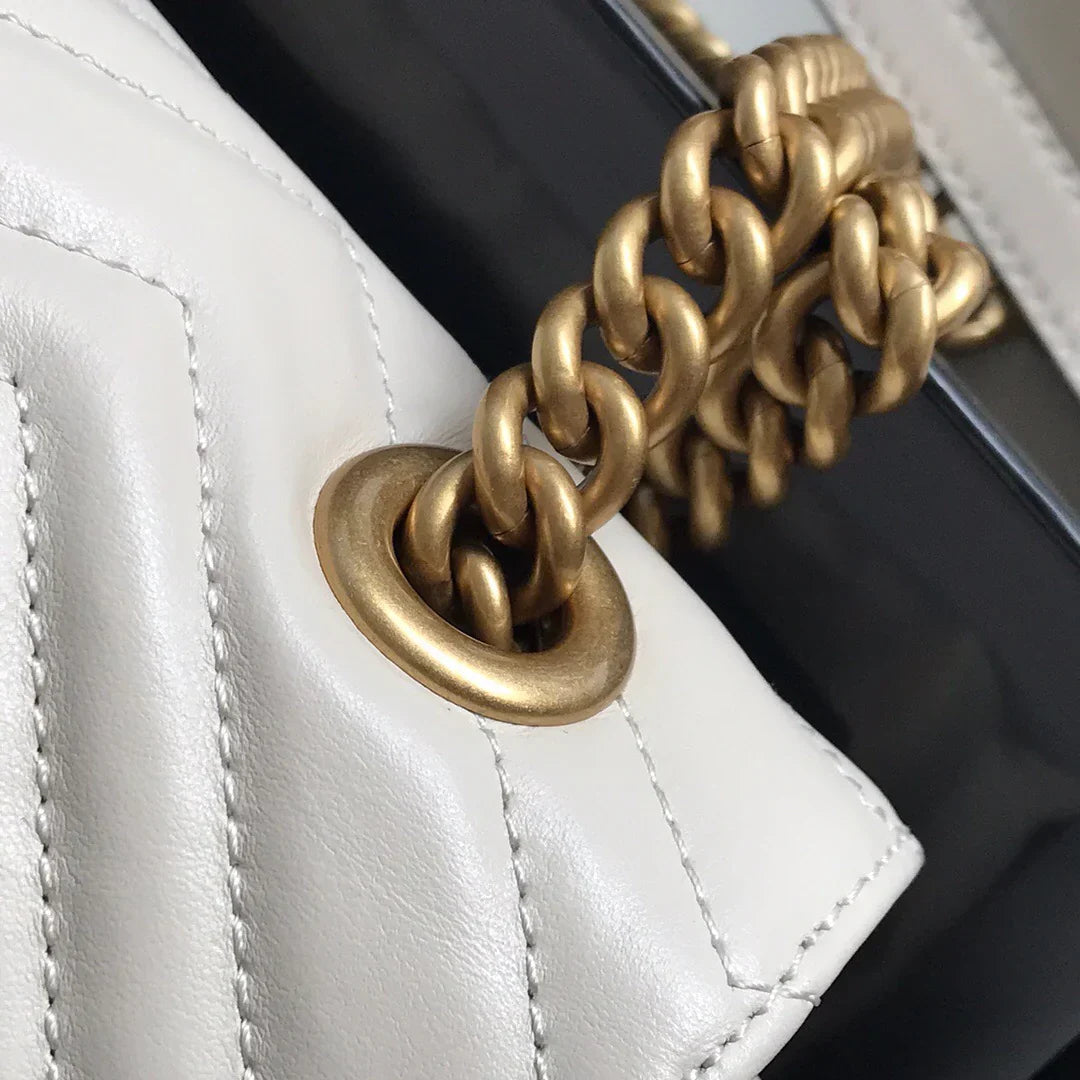 Chevron Quilted Flap Bag in White Leather with Gold Chain, image 5