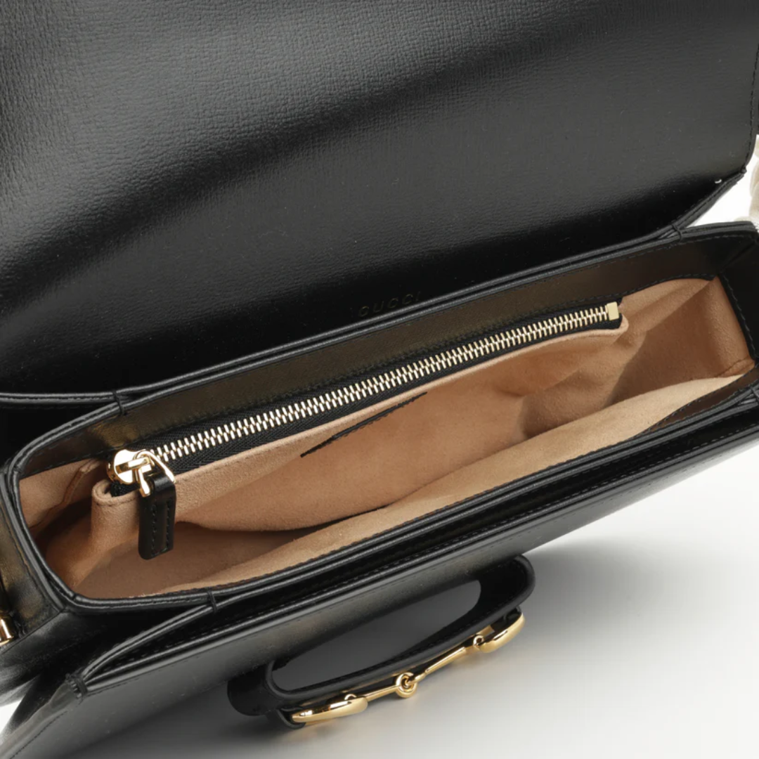 Flap Shoulder Bag in Black Smooth Leather with Gold Bar Clasp, image 10