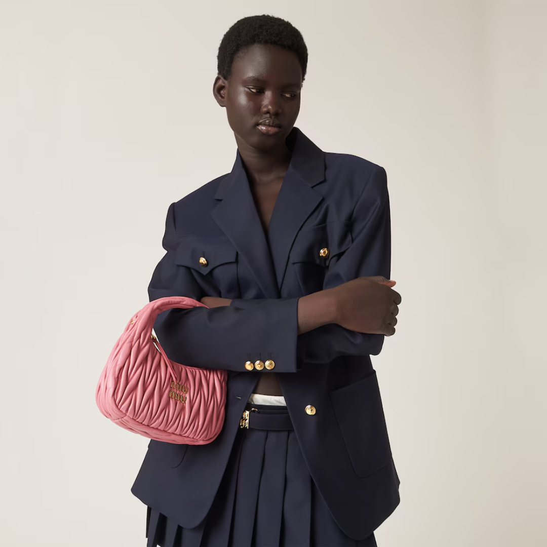 Mini Hobo Bag in Pink Ruched Nappa Leather with Zip Top, image 2