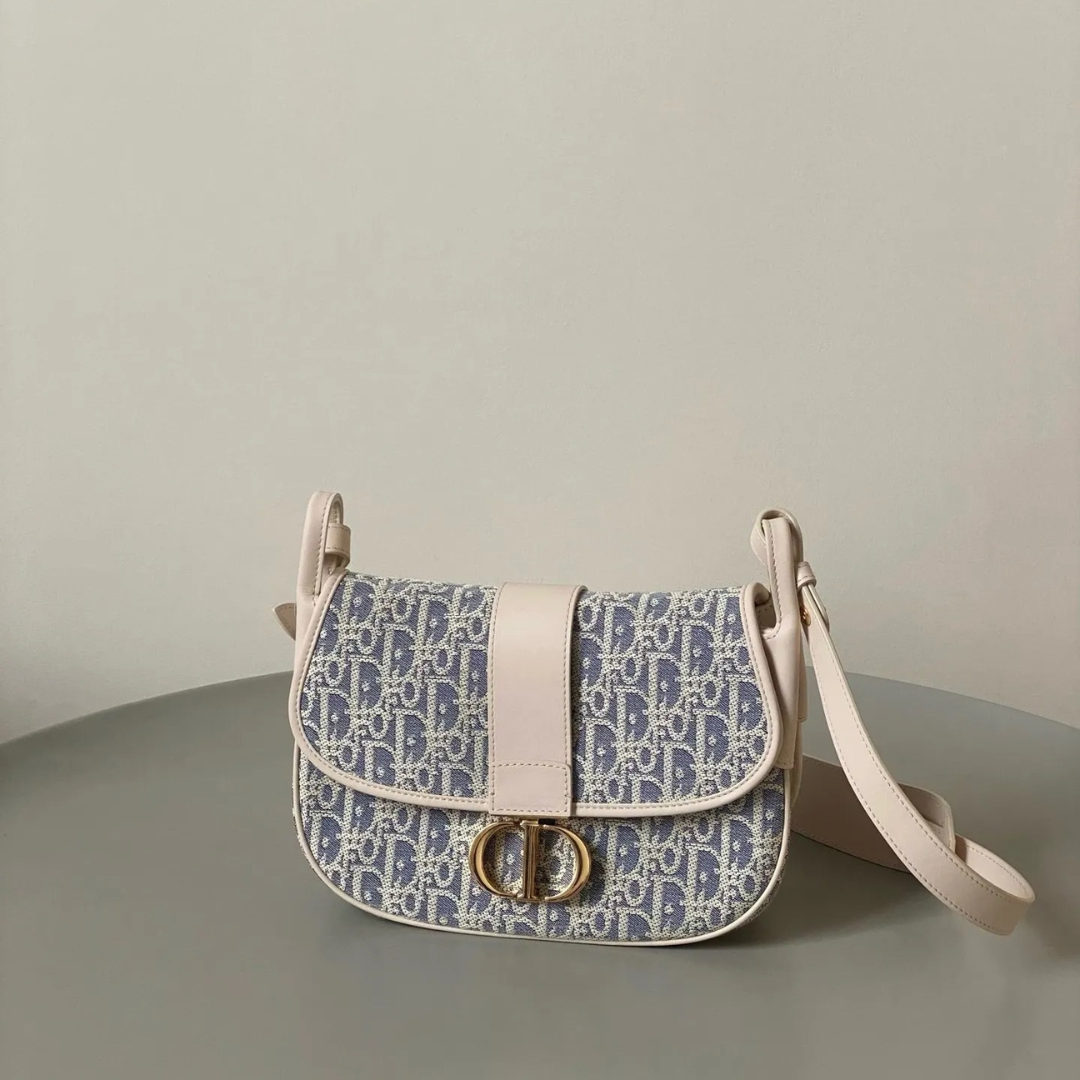 Half-Moon Shoulder Bag in Blue Jacquard with Cream Trim, image 4