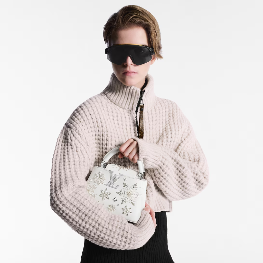 Mini Top Handle Bag in White with Crystal Snowflake Details, image 2