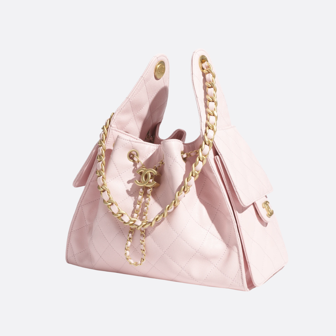 Bucket Bag in Light Pink Quilted Leather with Chain Handles, image 5