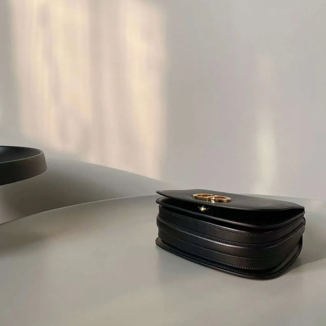 Top Handle Bag in Black Smooth Leather with Buckle Strap, image 6