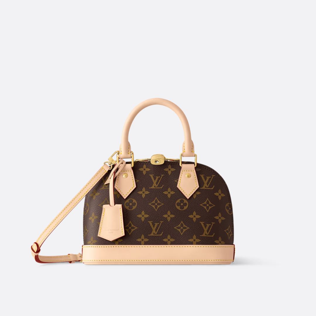 Dome Top Handle Bag in Brown Printed Canvas with Strap