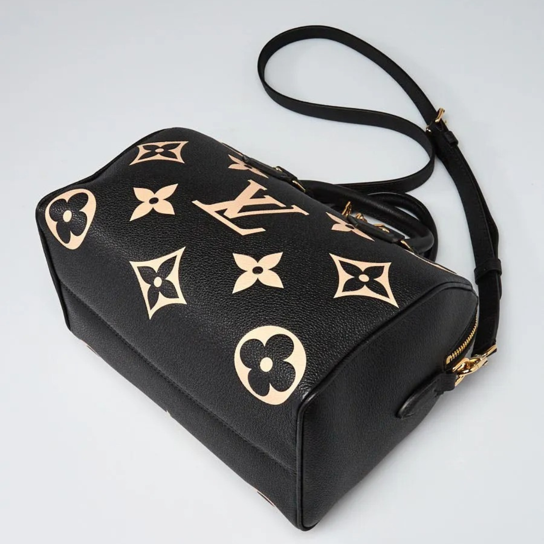 Top Handle Bag in Black Grained Leather with Beige Floral Print, image 5