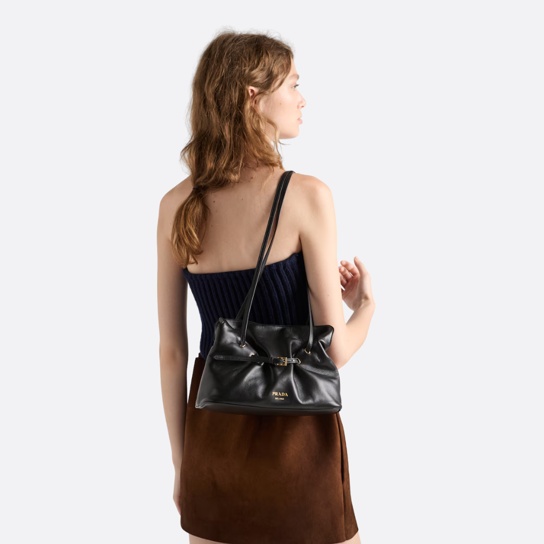 Gathered Shoulder Bag in Black Smooth Leather with Buckle, image 5